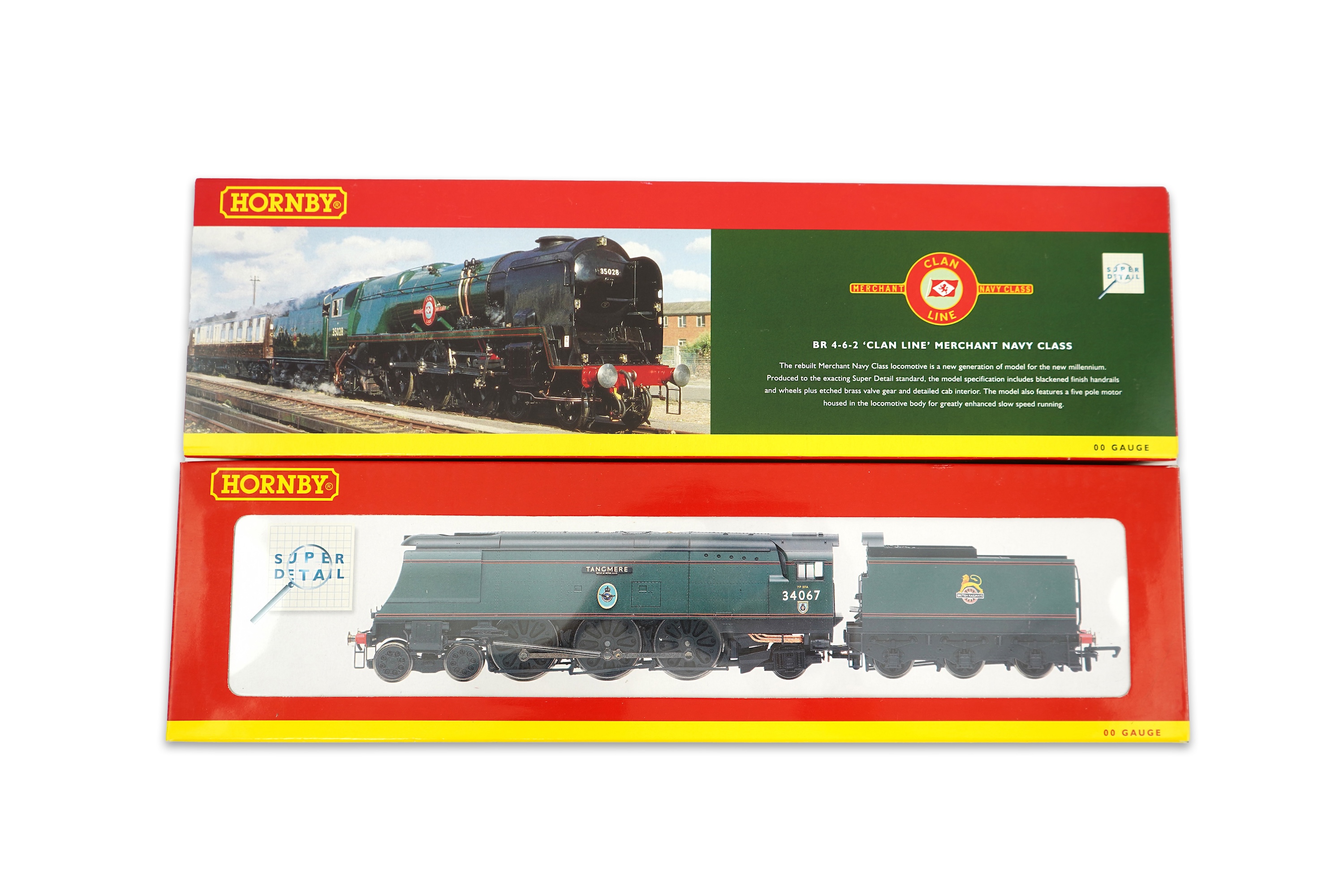 Two boxed Hornby Hobbies 00 gauge railway BR tender locomotives; a Merchant Navy Class, Clan Line 35028, (R2169), together with a Battle of Britain Class, Winston Churchill 34051, (TMC258)